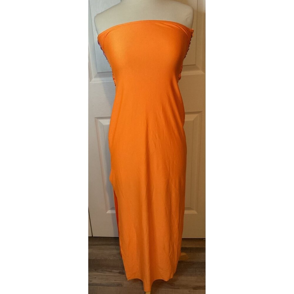 Micas Pink Side Slit‎ Orange Maxi Dress Size Small New
